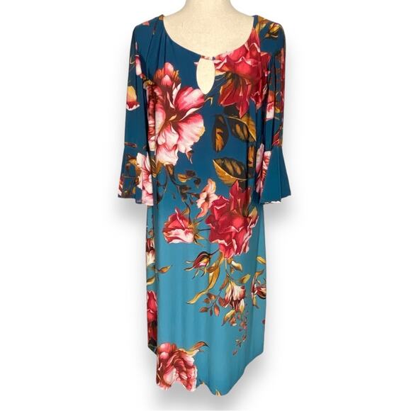 Roz & Ali Keyhole Shift Dress 3/4 Bell Sleeve Floral Print Women’s Size 1X - Picture 2 of 10